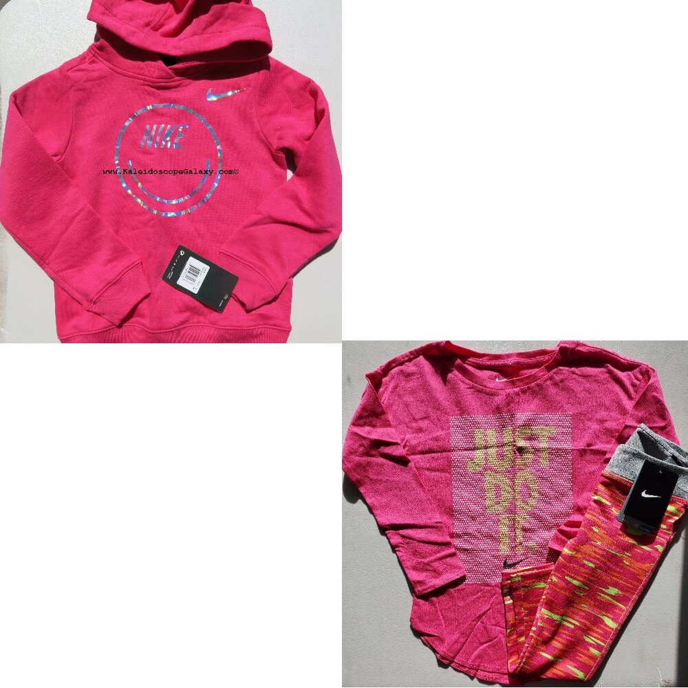 Nike Girls Size 6 Leggings & Long Sleeve Top & 6X Smiley Hoodie Sweatshirt